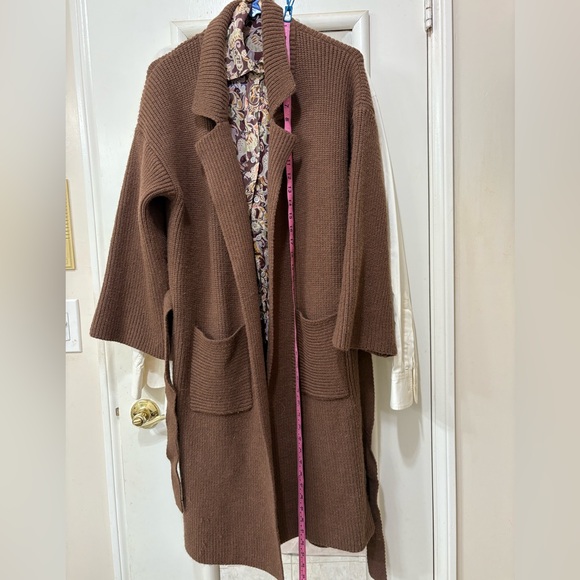 Chunky Over The Knee Rib Brown Cardigan Coat Pockets Belted Maxi Long Duster - Picture 12 of 13